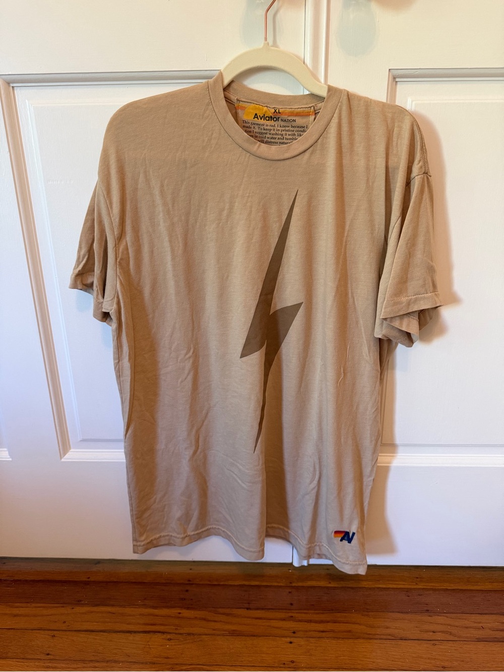 Aviator Nation Tan T-Shirt with Brown Lightning Bolt
